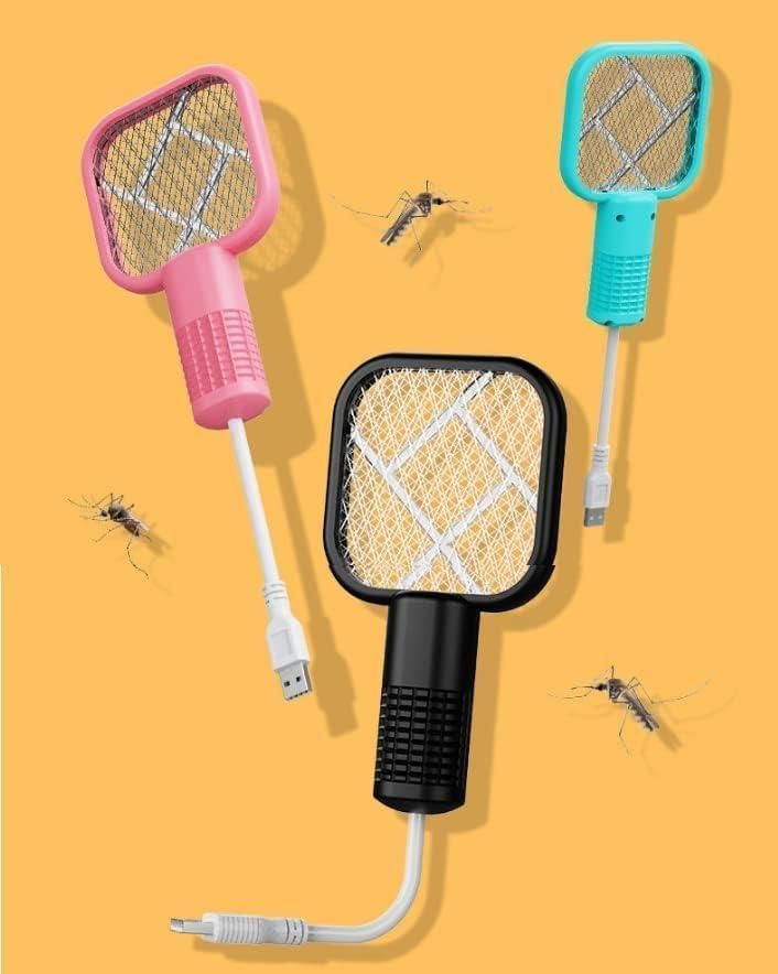 Three electronic fly swatters on a yellow background with USB cables.